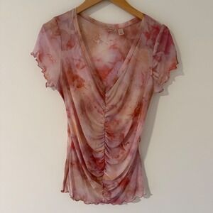 Willow + Root Pink Tie Dye Women's Mesh Ruched Top Y2K Sheer V-Neck Large 6453